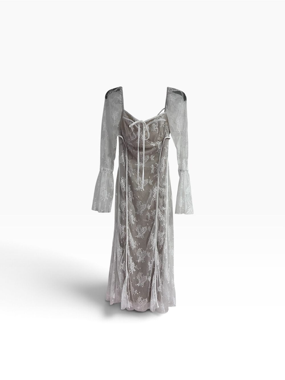 Boutique Lace Corset Maxi Dress with Bell Sleeves and Underwired Bust